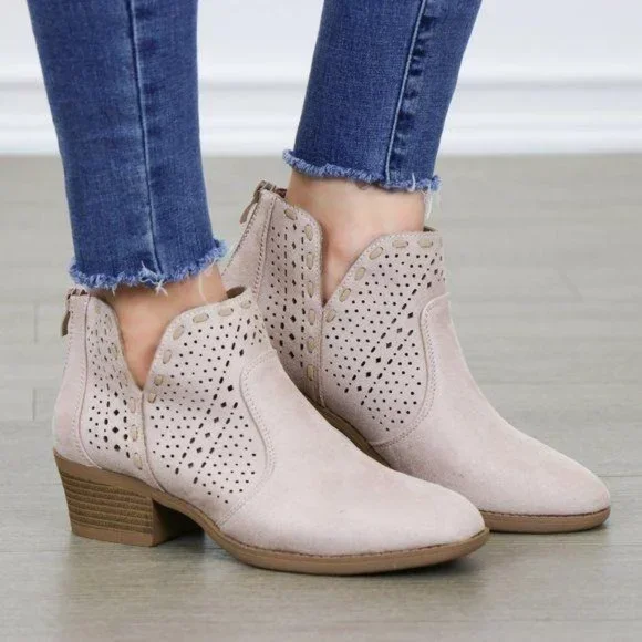 Dusty Rose Perforated Cut Suede Ankle Booties - Picture 2 of 7